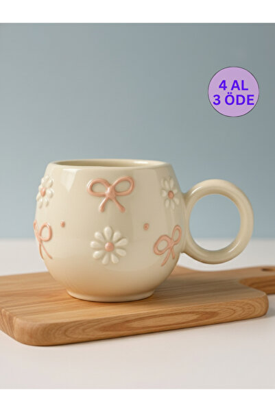 KYA CERA Pembe Kurdele & Papatya Kabartmalı Tekli El Yapımı Kupa