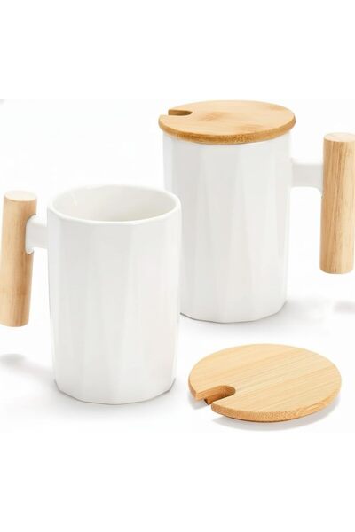 Alcoach A pair of ceramic coffee mugs with a wood-covered Strappy , each with...