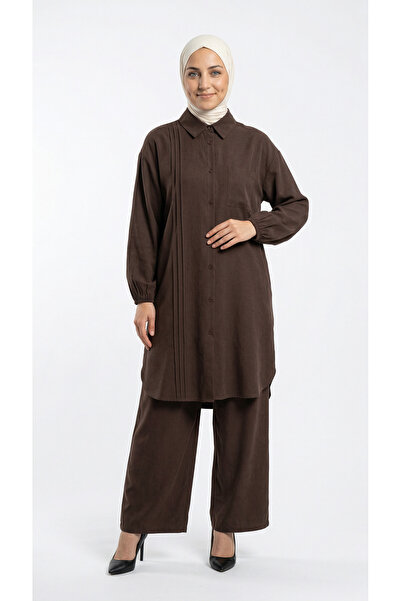 MİHRA STORE Σετ πουκάμισο με μία τσέπη και μακρύ παντελόνι Akel - MF603 Καφέ