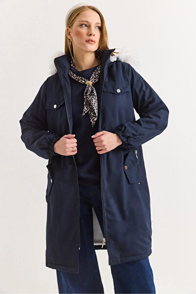 Raneel Kazançlı Alışveriş Women's navy blue long length Gabardine fabric insi...