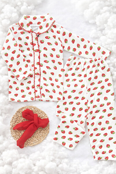 ASLİN STORE Corduroy 2-Piece Strawberry Patterned Baby Girl/Child Pajama Set