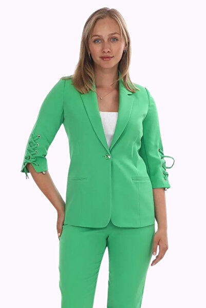 WHİTE DİAMOND Kadın Yeşil 3/4 Kol Kuşgözü Detaylı Blazer Ceket Pantolon Takım