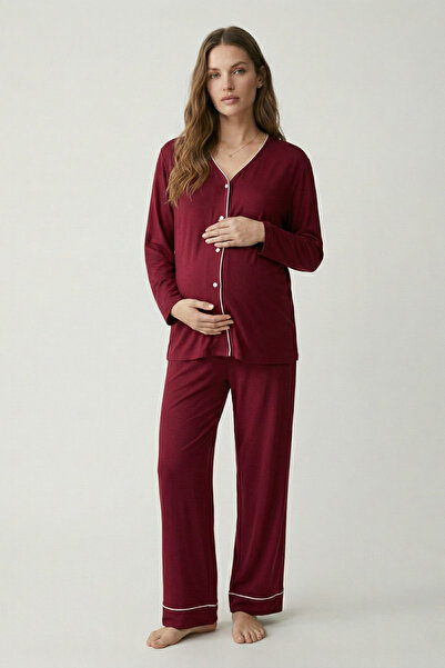 şuranur Μπαμπού νυχτικό εγκυμοσύνης και μητρότητας Σετ με μακρυμάνικο κουμπί