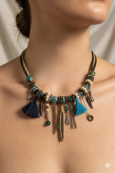 PETEK AKSESUAR ETNİK BOHEM TASARIM PÜSKÜLLÜ TÜY KOLYE