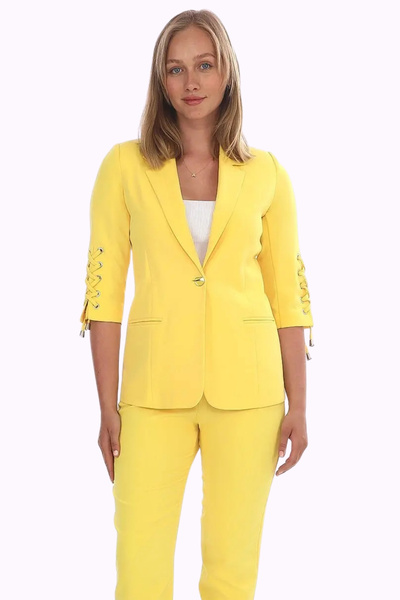 WHİTE DİAMOND Kadın Sarı 3/4 Kol Kuşgözü Detaylı Blazer Ceket Pantolon Takım