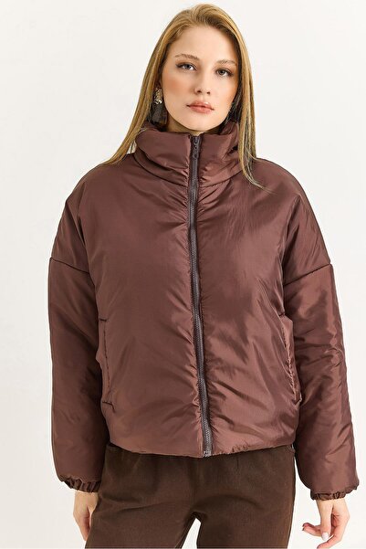 Raneel Kazançlı Alışveriş Women's zippered Puffer short coat brown