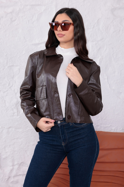 happinice Καφέ δερμάτινο παλτό σε vintage στυλ με κουμπιά