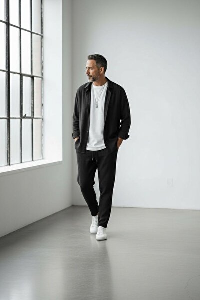 Altamira Ανδρικό μαύρο μακρυμάνικο πουκάμισο Παντελόνι τυλιγμένο αθλητικό κοσ...