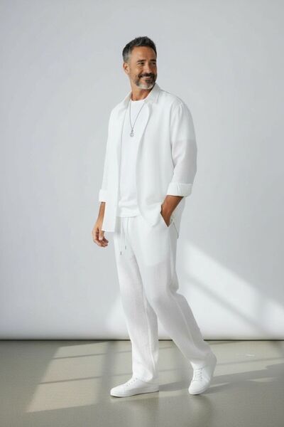 Altamira Ανδρικό λευκό μακρυμάνικο πουκάμισο Παντελόνι τυλιγμένο αθλητικό κοσ...