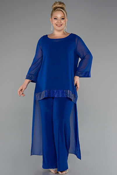 Abiyefon Saks Mavi Kapri Kol Şifon Büyük Beden Abiye Tulum Abt083