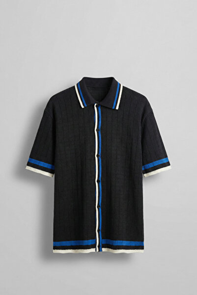 ablukaonline قميص رجالي قصة فضفاضة منقوش محبوك باللون الأسود