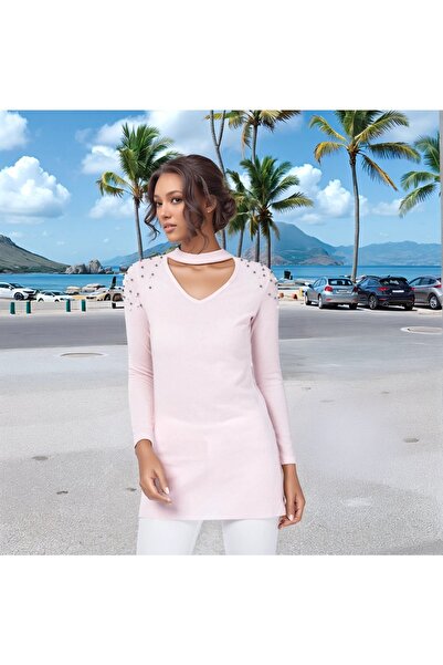 Cotton Mood 8490995 Yumoş Omuzu İncili V Yaka Boğazı Bantlı Bluz PUDRA