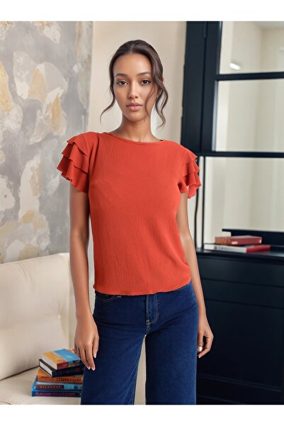 Cotton Mood 8052201 Kobe Fırfırlı Kısa Kol Bluz KIREMIT