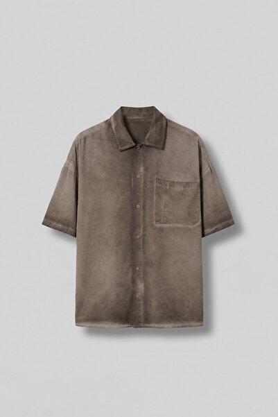 ablukaonline Erkek Yıkamalı Kısa Kollu Oversize Tensel Gömlek Kahverengi