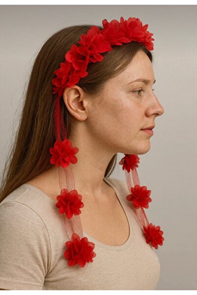 BTRENDY Kırmızı dolgun çiçek detaylı uzun şeritli taç,özel gün çocuk,nedime ş...