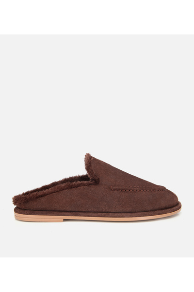 Hotiç Kadın Süet Deri Kahverengi İçi Kürklü Düz Günlük Terlik