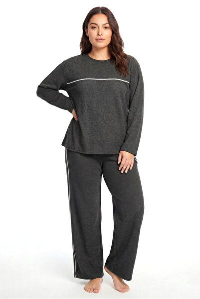 modaserdem Mdsrdm Large Size Striped Detail Thick Long Sleeve Women's Pajama ...