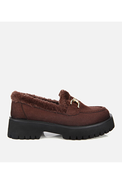 Hotiç Kadın Süet Kahverengi Kürklü Tokalı Kalın Tabanlı Günlük Loafer