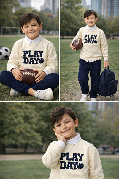 tinytrends Erkek Bebek&Çocuk Play Day Baskılı %100 Pamuk Gömlek Sweatshirt Pantolon 3'lü Takım Elbise Bayramlık