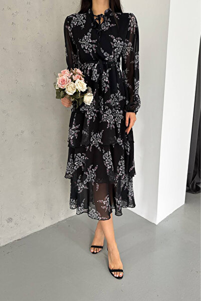Neşeli Butik kadın astarlı eteği kat kat desenli şifon elbise NBKKLF2036