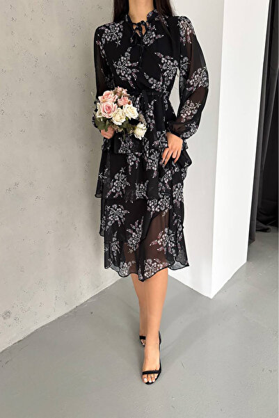 Neşeli Butik kadın astarlı eteği kat kat desenli şifon elbise NBKKLF2036
