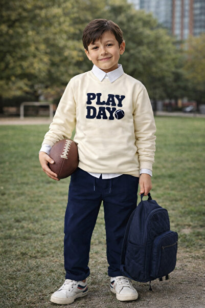 tinytrends Erkek Bebek&Çocuk Play Day Baskılı %100 Pamuk Gömlek Sweatshirt Pantolon 3'lü Takım Elbise Bayramlık