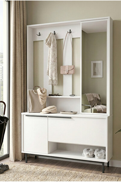 Yurudesign Ocean Portmanto Vestiyer Ayakkabılık Aynalı Metal Ayaklı Beyaz On11-w