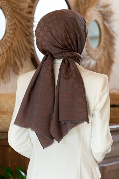 Vissona %57 İPEK %43 PAMUK Monogram Desenli Sütlükahve Renkli Şal - 70x190 Di...