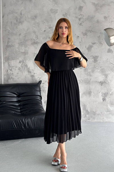 Neşeli Butik kadın madonna yaka piliseli şifon elbise NBK2099