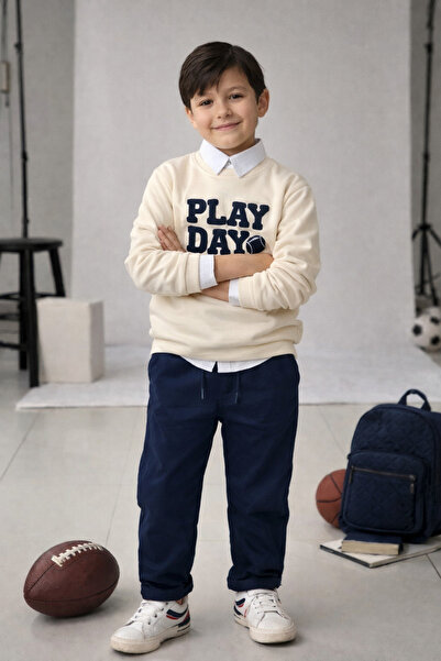tinytrends Erkek Bebek&Çocuk Play Day Baskılı %100 Pamuk Gömlek Sweatshirt Pantolon 3'lü Takım Elbise Bayramlık