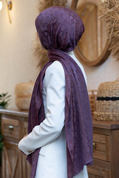 Vissona %57 İPEK %43 PAMUK Monogram Desenli Mürdüm Renkli Şal - 70x190 Dikiş ...