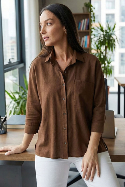 armonika Дамска кафява свободна ленена риза с джобове ARM-21Y001035