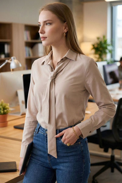 armonika Kadın Bej Kravat Detaylı Gömlek ARM-25Y001030