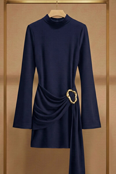 PASTELASTORE Buckle Detail Belted Mock Neck Mini Women's Dress