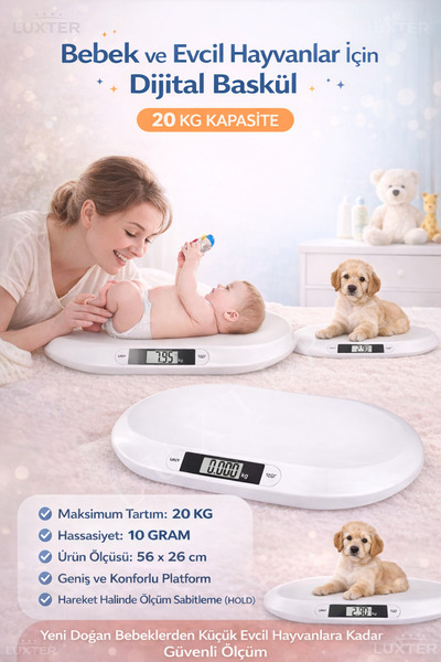 LUXTER Dijital Bebek Ve Veteriner Baskülü 20 KG – 10 Gr Hassasiyetli Evcil Ha...