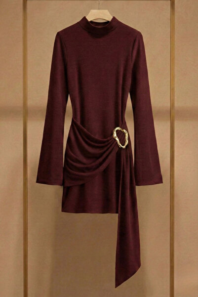 PASTELASTORE Buckle Detail Belted Mock Neck Mini Women's Dress