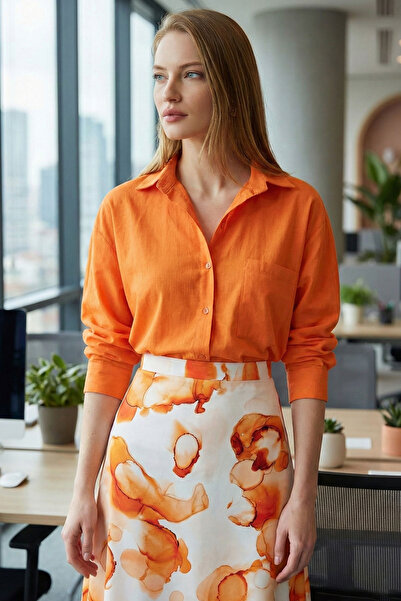 armonika Ženska narandžasta ležerna lanena košulja sa džepovima ARM-21Y001035