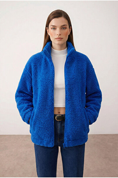 Purpleclo Kadın Oversize Fermuarlı Teddy Peluş Hırka