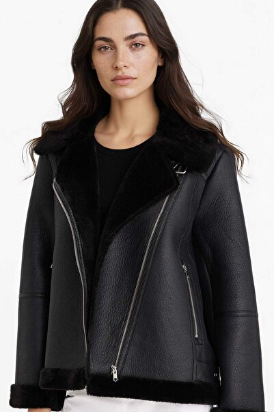 DeFacto Regular Fit Faux Fur Lined Zippered Faux Leather Jacket Coat F1822Ax25Wn