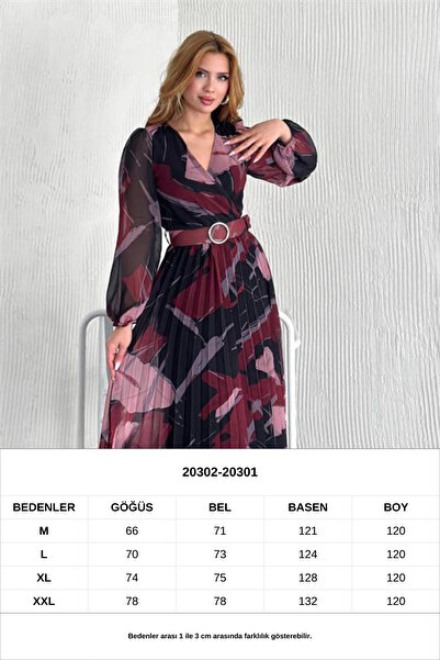Neşeli Butik kadın kemerli kruvaze yaka desenli şifon elbise NBK20302