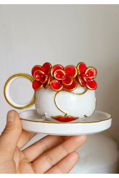 KOTYORA فنجان قهوة تركي مصنوع يدويًا من السيراميك هدية للفتيات على شكل زهرة
