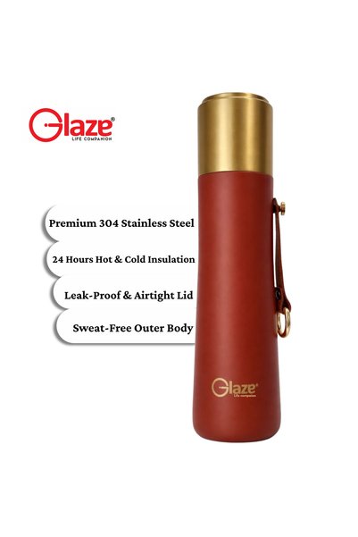 Glaze زجاجة ماء من الفولاذ المقاوم للصدأ 304، معزولة بتفريغ الهواء، مانعة للتسرب، سعة 500 مل، لون أحمر