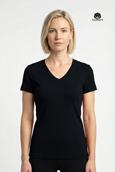 Cottonland Kadın DELFINA V Yaka 1x1 Esnek Ribana Kısa Kollu Pamuk Penye T-Shi...