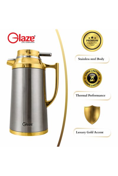Glaze ترمس حراري سعة 1.3 لتر، مصنوع من الفولاذ المقاوم للصدأ، لحفظ المشروبات الساخنة والباردة، بغطاء مانع للتسرب.