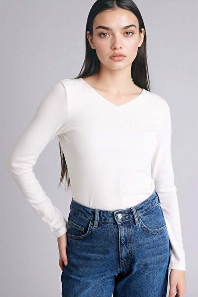 DeFacto G9521AXER105 Μπλουζάκι Εκρού Στενής Γραμμής Βασικό Μοντάλ