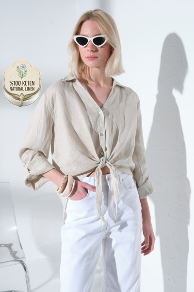 Maule Γυναικείο πουκάμισο από 100% λινό με δαντέλα μπροστά και επωμίδες @Sunny