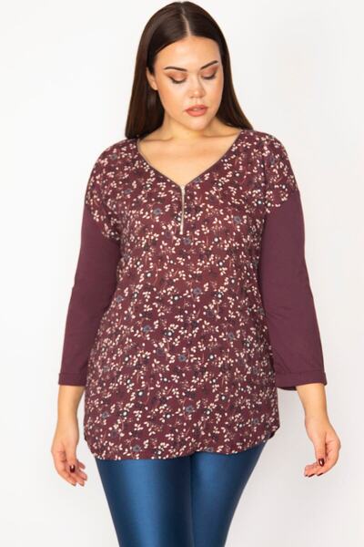 Şans Women's Large Size Plum Front Patterned Zipper Placket Capri Sleeve Blouse 65n34386