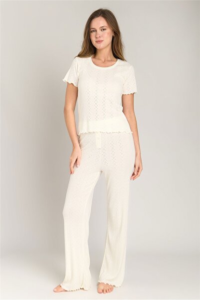 LOVELY THINGS KIMBERLY Pointelle Kısa Kol Tişört Pijama Üstü - Ekru