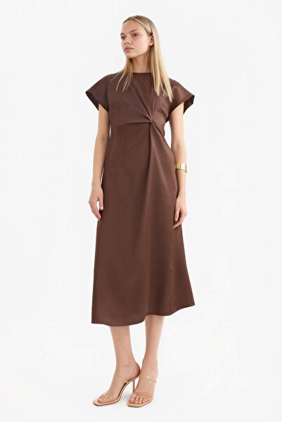 DeFacto Crew Neck Satin Short Sleeve Midi Dress F2639Ax25Sm