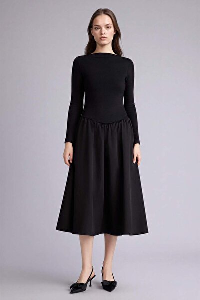 DeFacto Φόρεμα μίντι με λαιμόκοψη καγιάκ και μακριά μανίκια από ποπλίνα H0554...